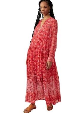 Free People See It Through Floral Boho Peasant Pullover Maxidress Size: Medium